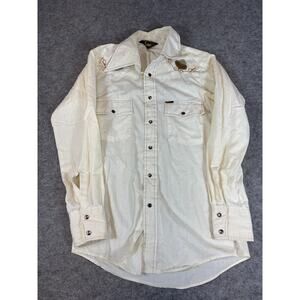 VINTAGE 80s Lee Western Shirt Men Medium Cream Pearl Snap USA Embroidered Cowboy